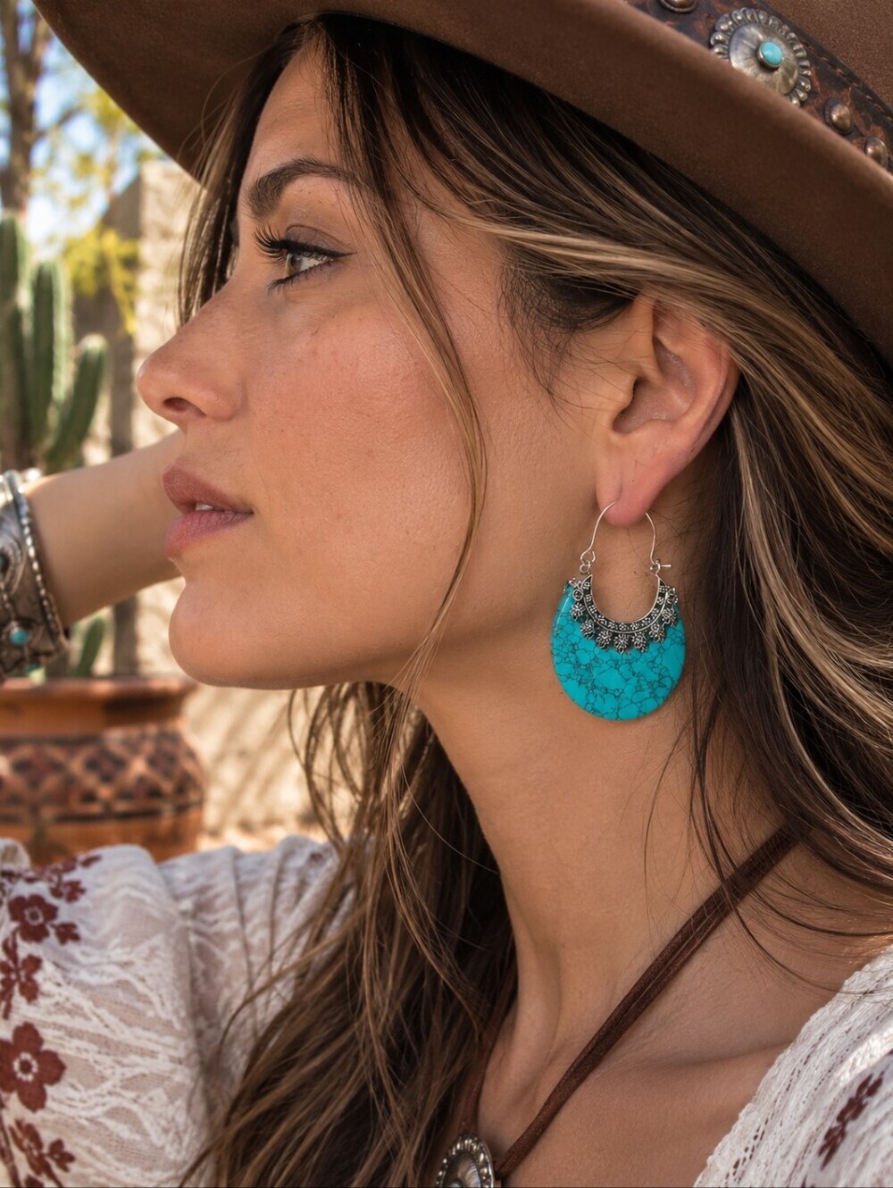 Turquoise Stone Crescent Hoop Earrings 925 Silver Plated Southwestern Artisan 2" - Picture 1 of 16